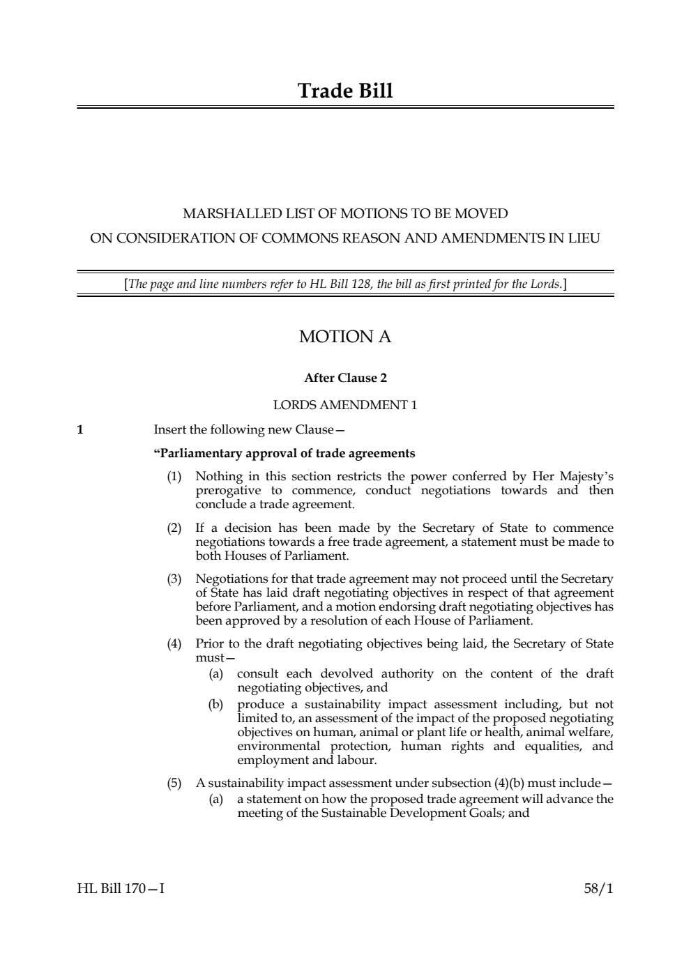 Trade Bill Marshalled List of motions to be moved on consideration of Commons reason and amendments in lieu