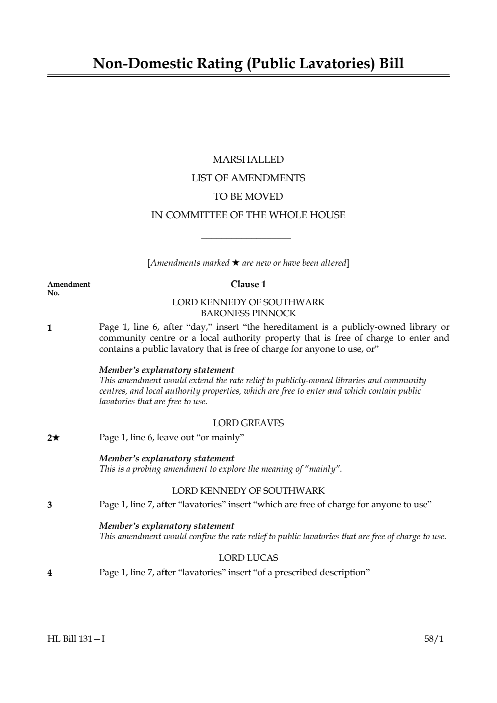Non-Domestic Rating (Public Lavatories) Bill Marshalled List of Amendments to be moved in Committee of the Whole House