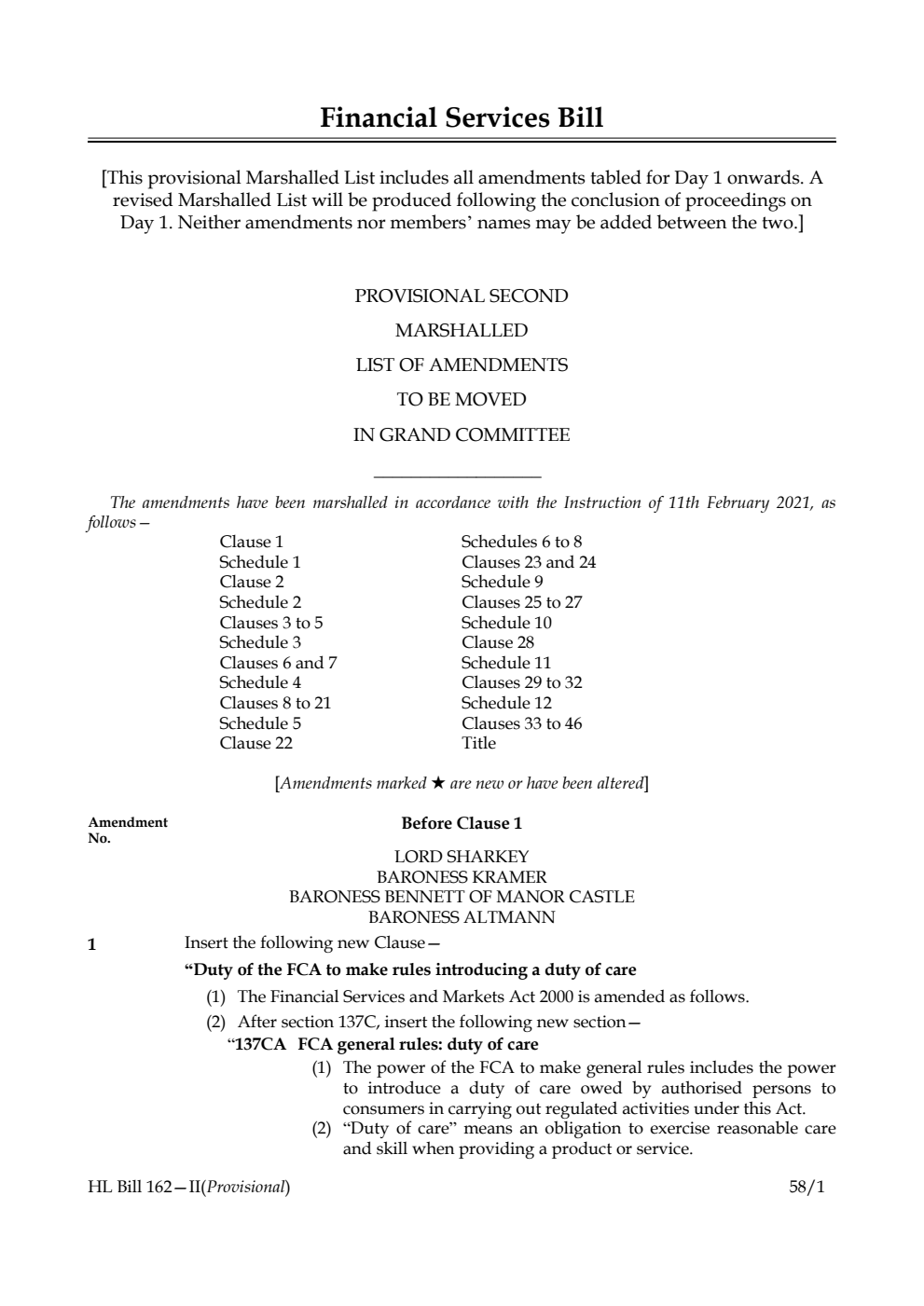 Financial Services Bill Provisional Second Marshalled List of amendments to be moved in Grand Committee
