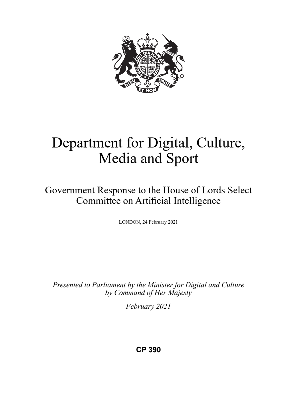 Government Response to the House of Lords Select Committee on Artificial Intelligence