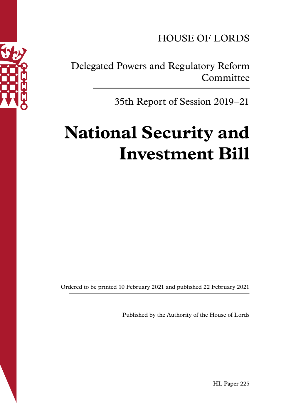Delegated Powers and Regulatory Reform Committee 35th Report. National Security and Investment Bill