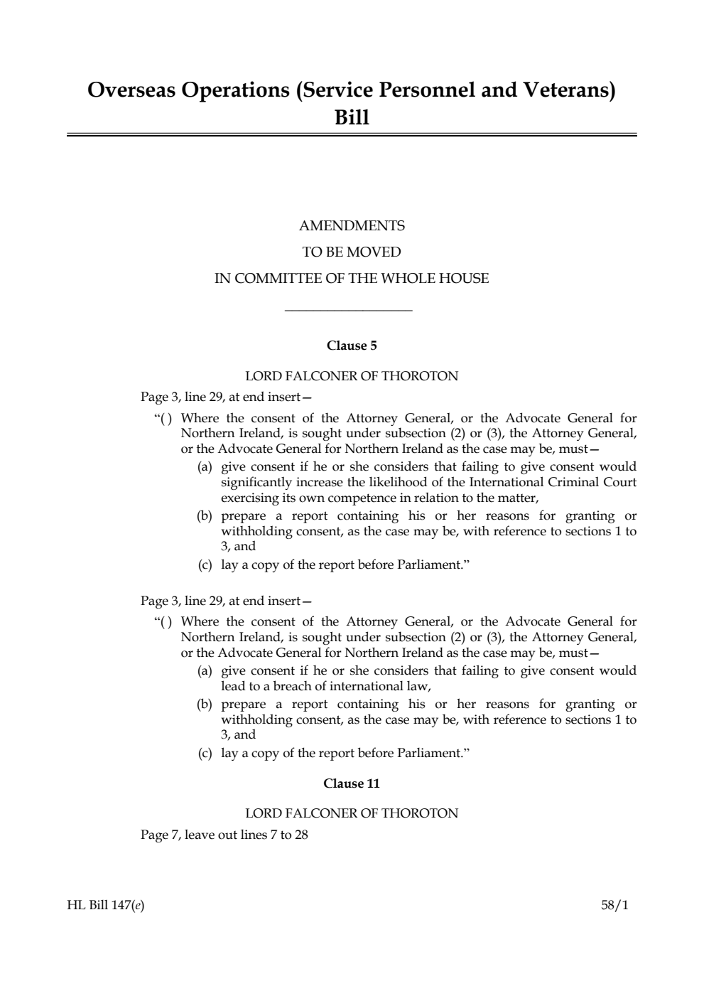 Overseas Operations (Service Personnel and Veterans) Bill Amendments to be moved in Committee of the Whole House