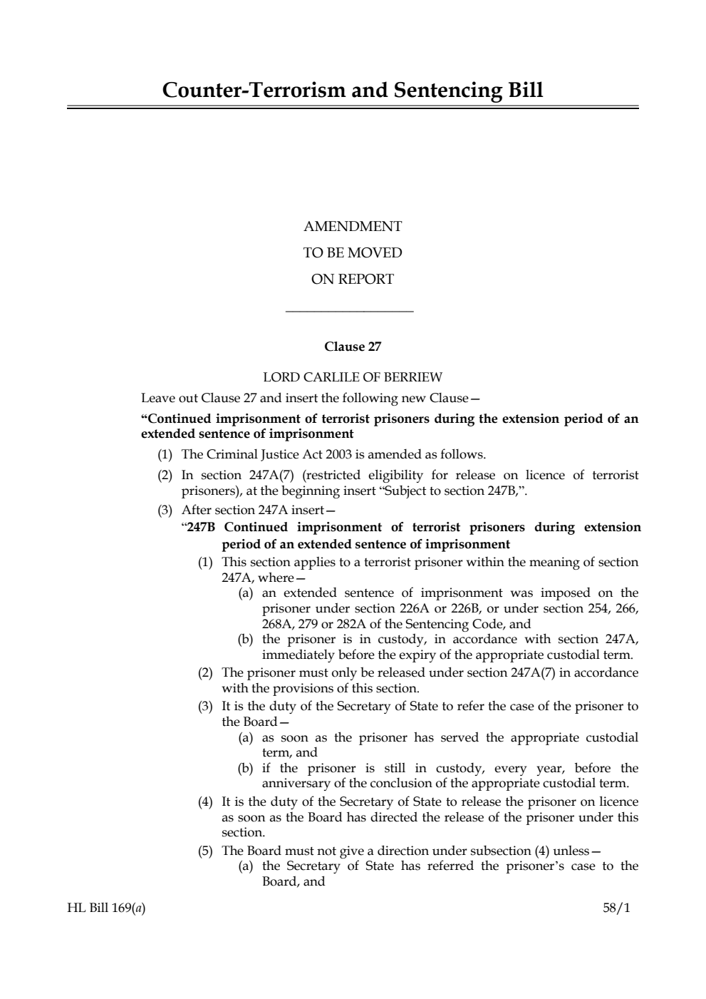 Counter-Terrorism and Sentencing Bill Amendment to be moved on report