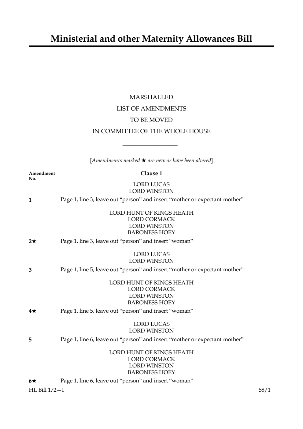 Ministerial and other Maternity Allowances Bill Marshalled List of Amendments to be moved in Committee of the Whole House