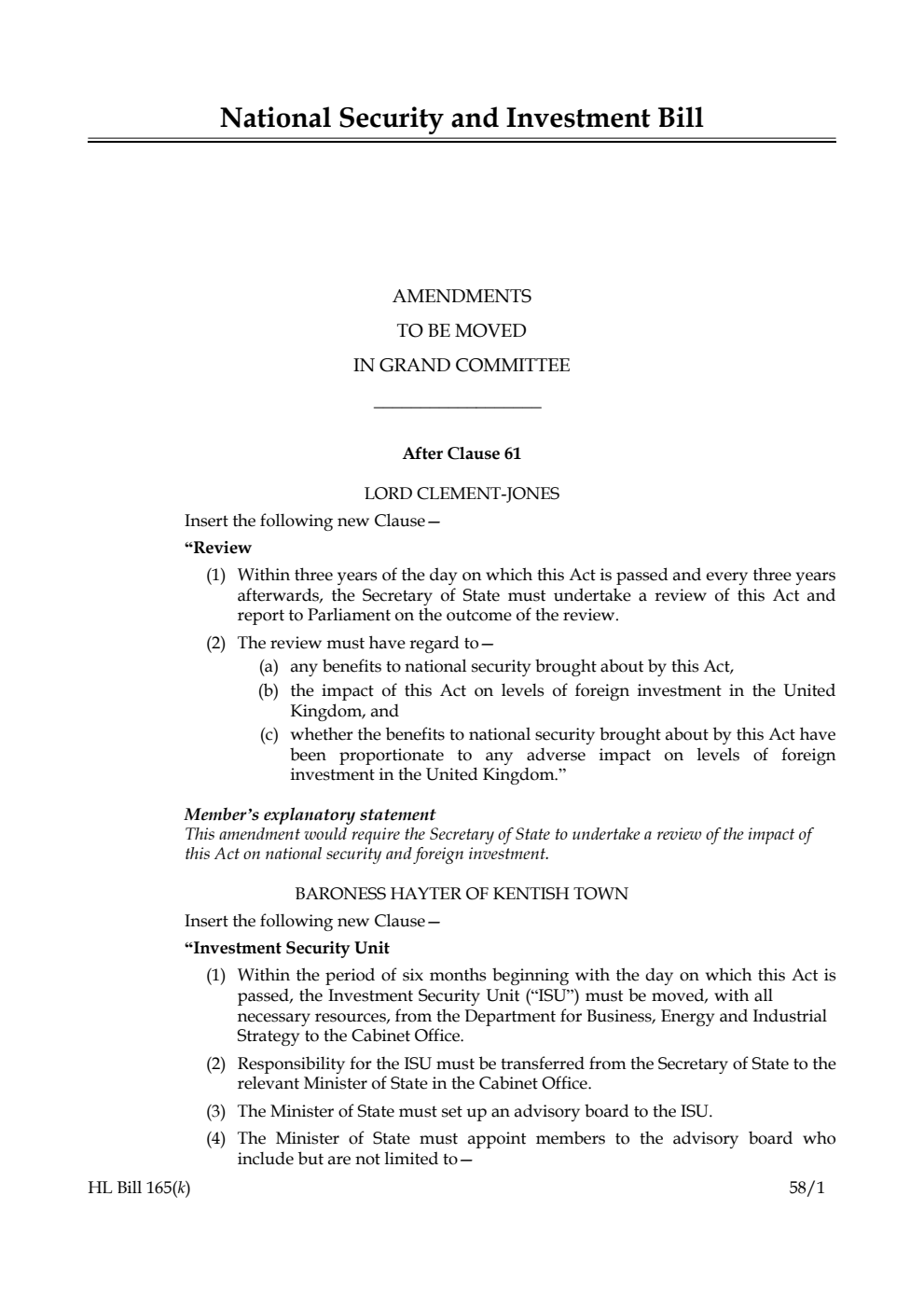National Security and Investment Bill Amendments to be moved in Grand Committee