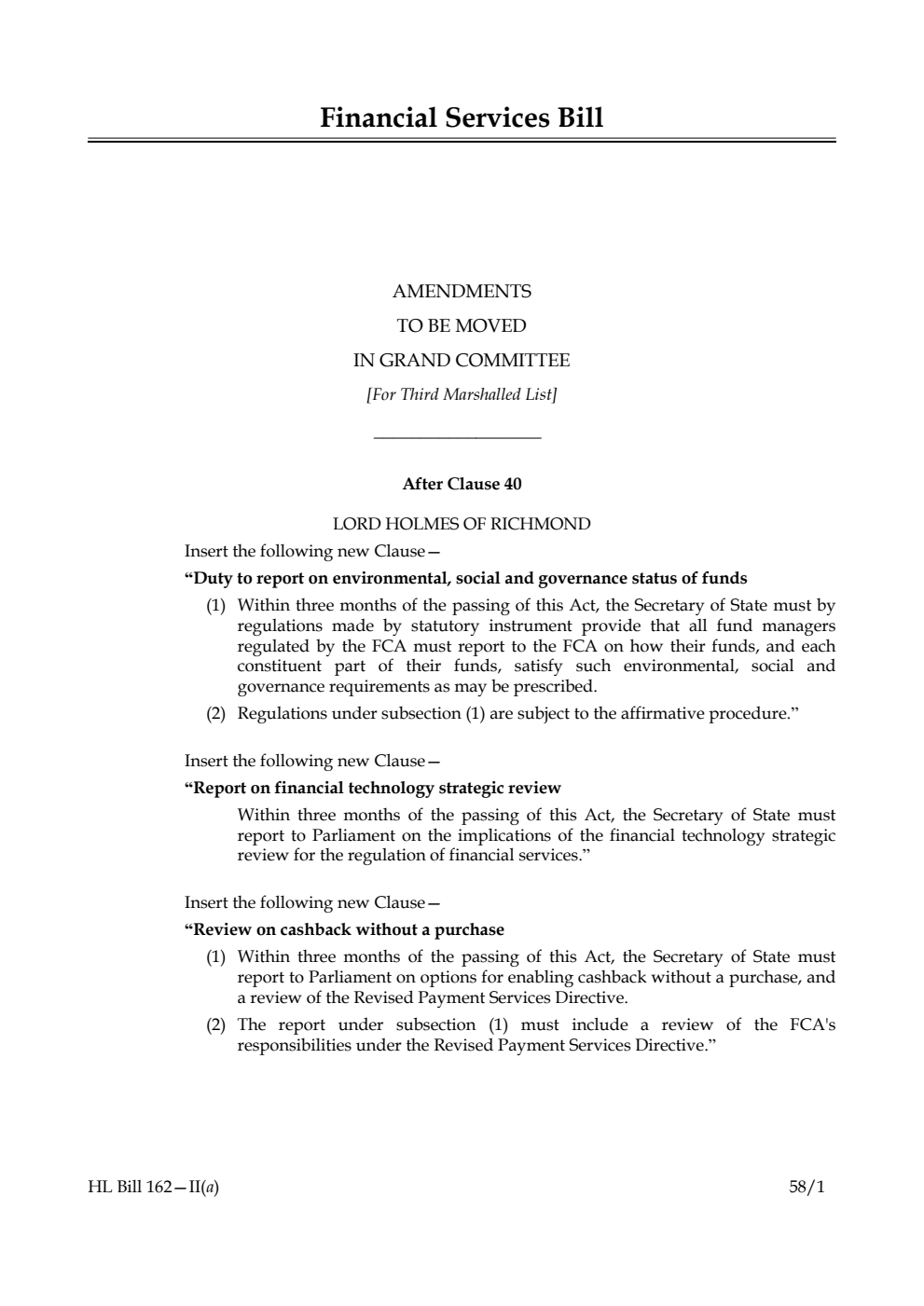 Financial Services Bill Amendments to be moved in Grand Committee