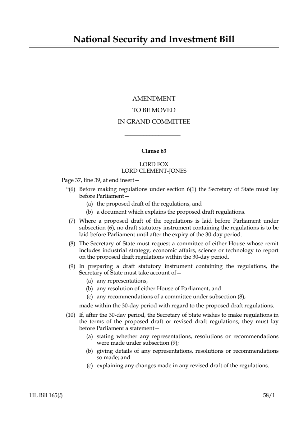 National Security and Investment Bill Amendment to be moved in Grand Committee