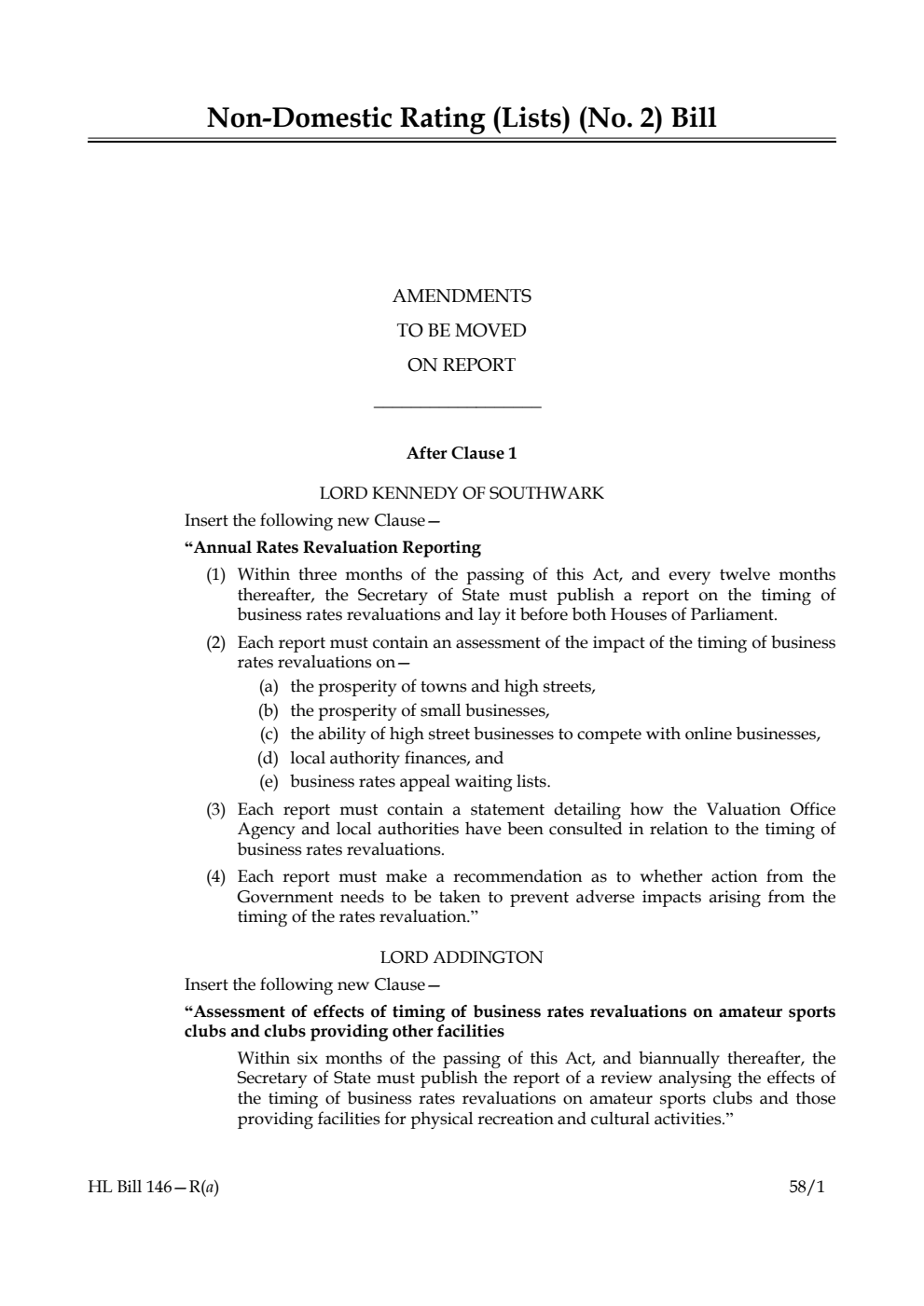 Non-Domestic Rating (Lists) (No. 2) Bill Amendments to be moved on Report