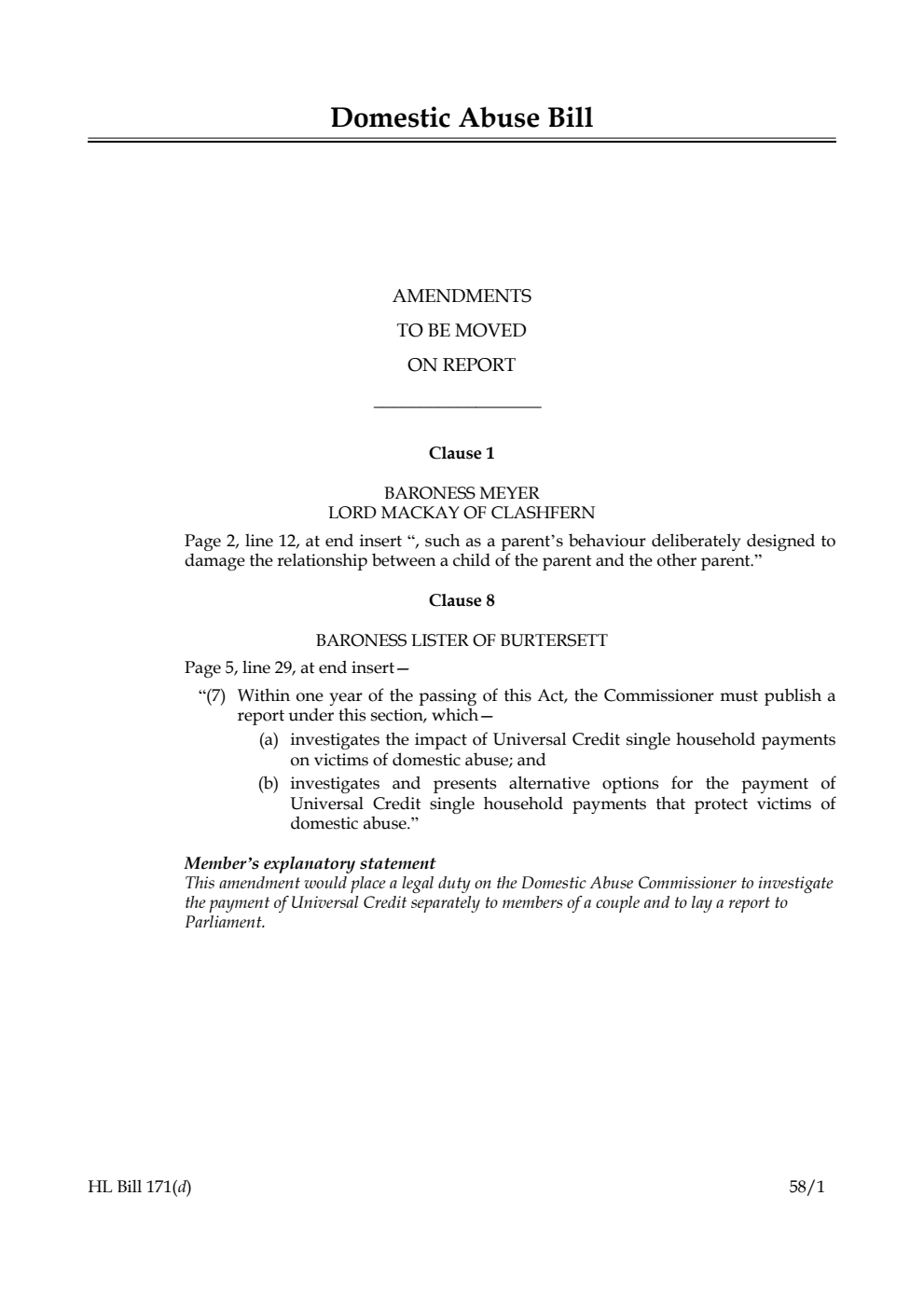 Domestic Abuse Bill Amendments to be moved on Report