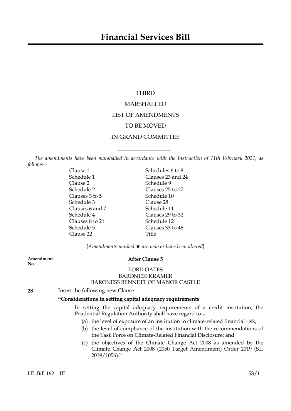 Financial Services Bill Third Marshalled List of Amendments to be moved in Grand Committee