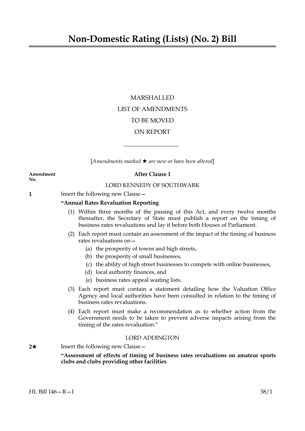 Non-Domestic Rating (Lists) (No. 2) Bill Marshalled List of amendments to be moved on report