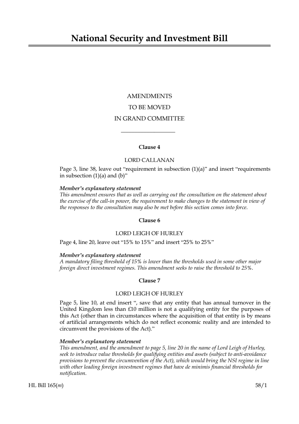 National Security and Investment Bill Amendments to be moved in Grand Committee