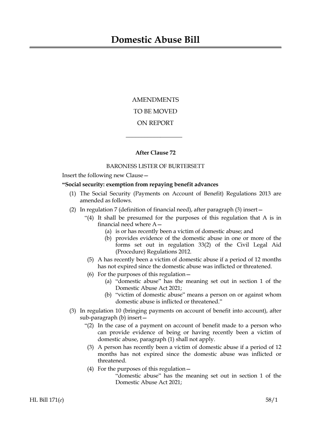 Domestic Abuse Bill Amendments to be moved on Report