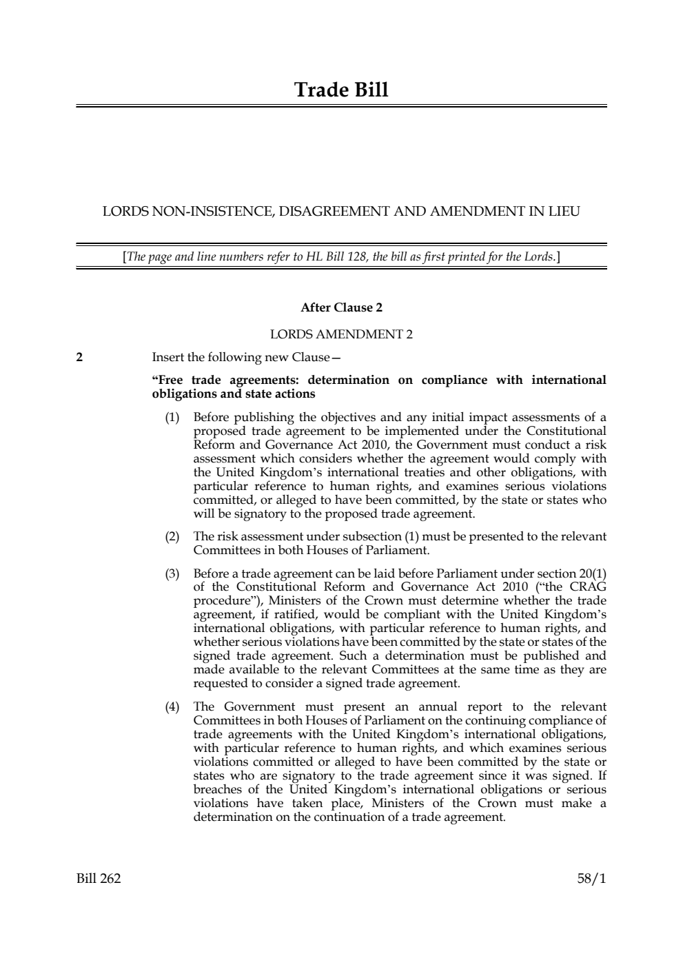 Trade Bill Lords non-insistence, disagreement and amendment in lieu