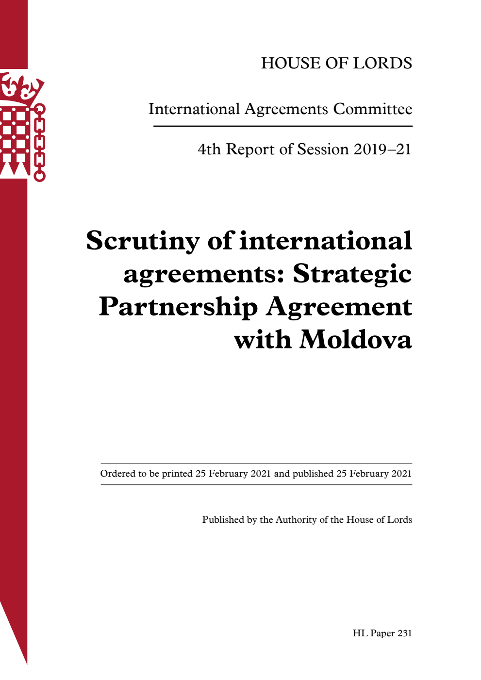 International Agreements Committee 4th Report. Scrutiny of international agreements: Strategic Partnership Agreement with Moldova
