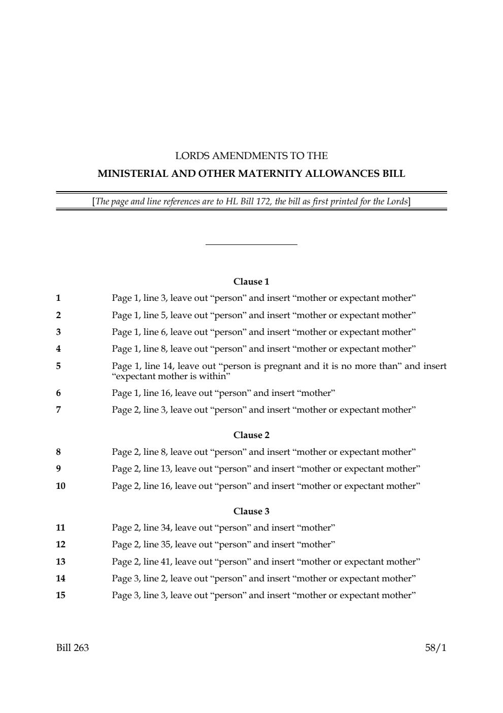 Lords Amendments to the Ministerial and other Maternity Allowances Bill