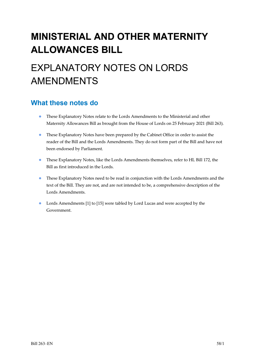 Ministerial and other Maternity Allowances Bill Explanatory Notes on Lords Amendments