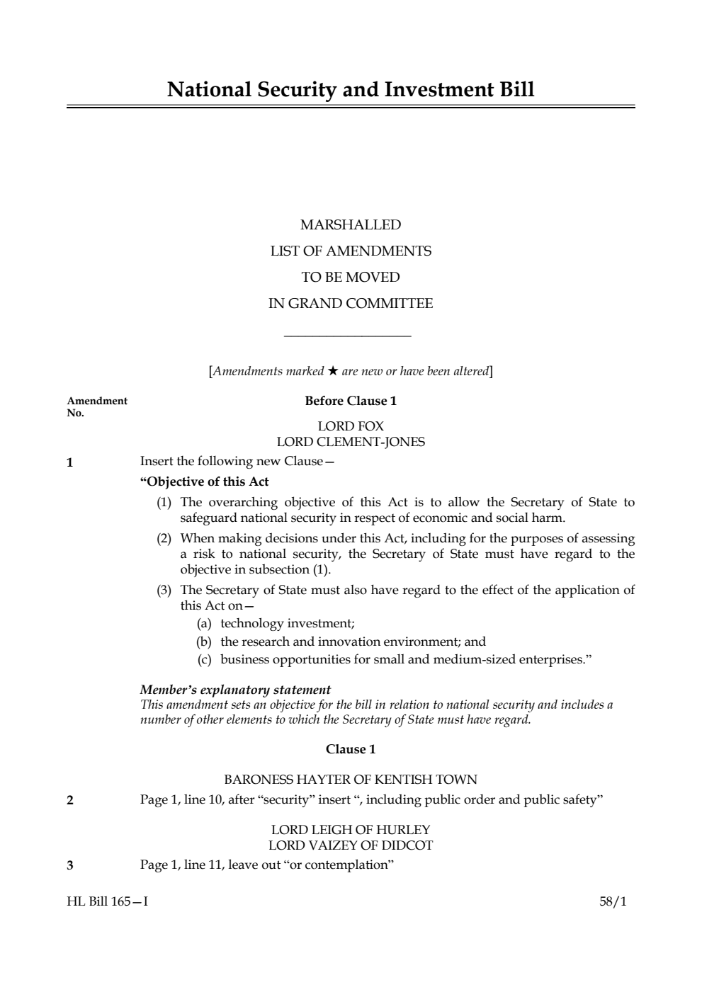 National Security and Investment Bill Marshalled List of Amendments to be moved in Grand Committee