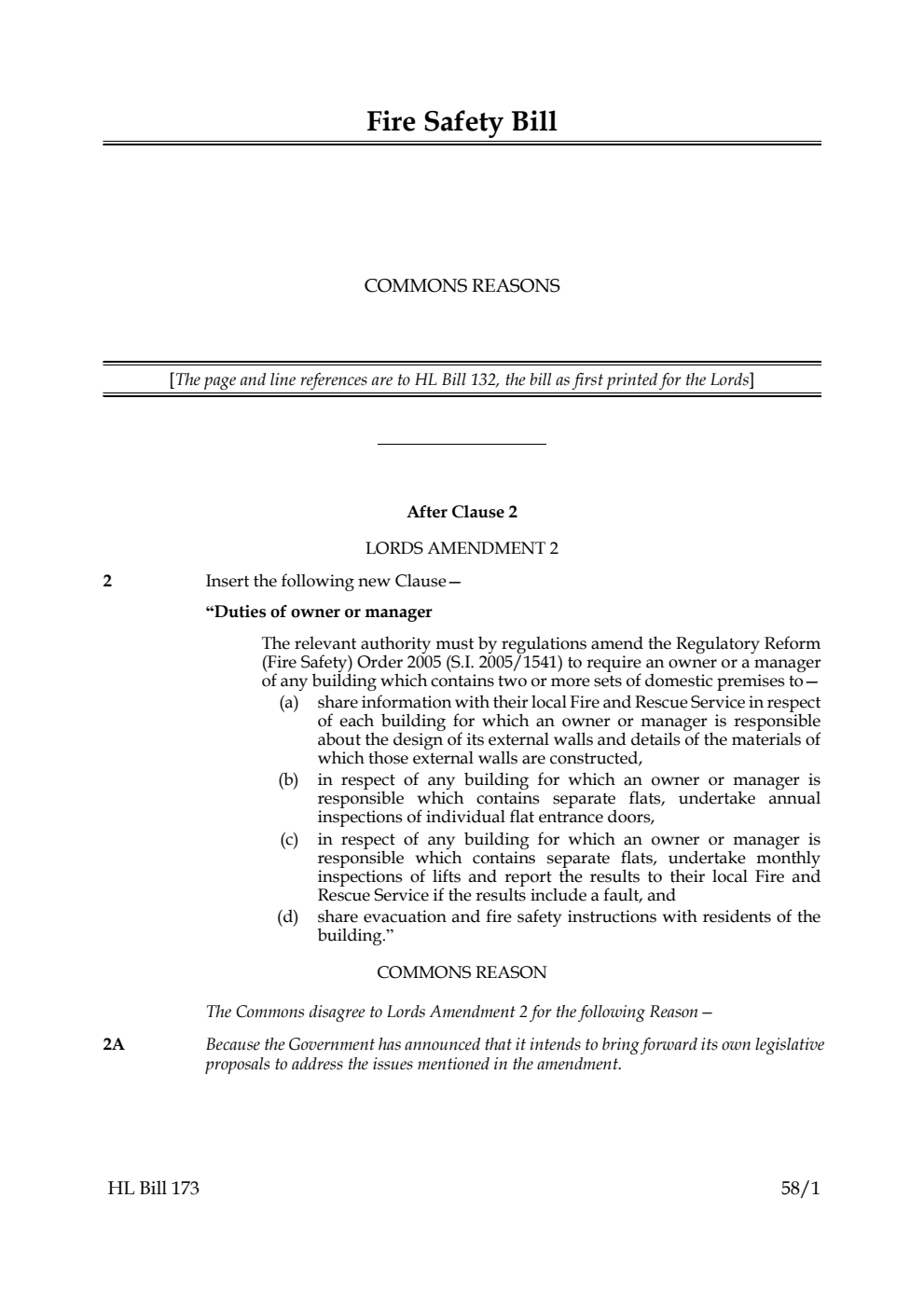 Fire Safety Bill Commons reasons