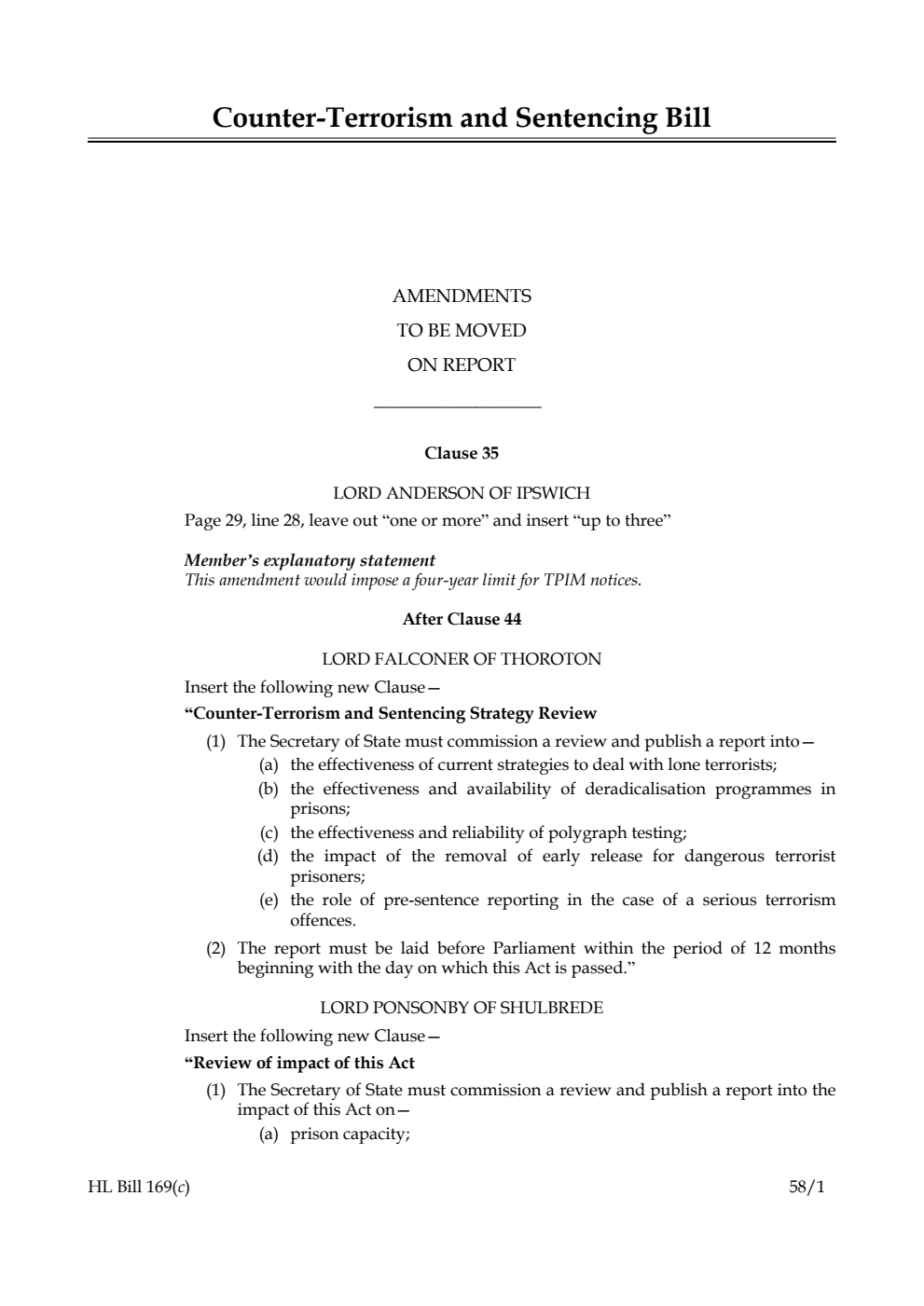 Counter-Terrorism and Sentencing Bill Amendments to be moved on report