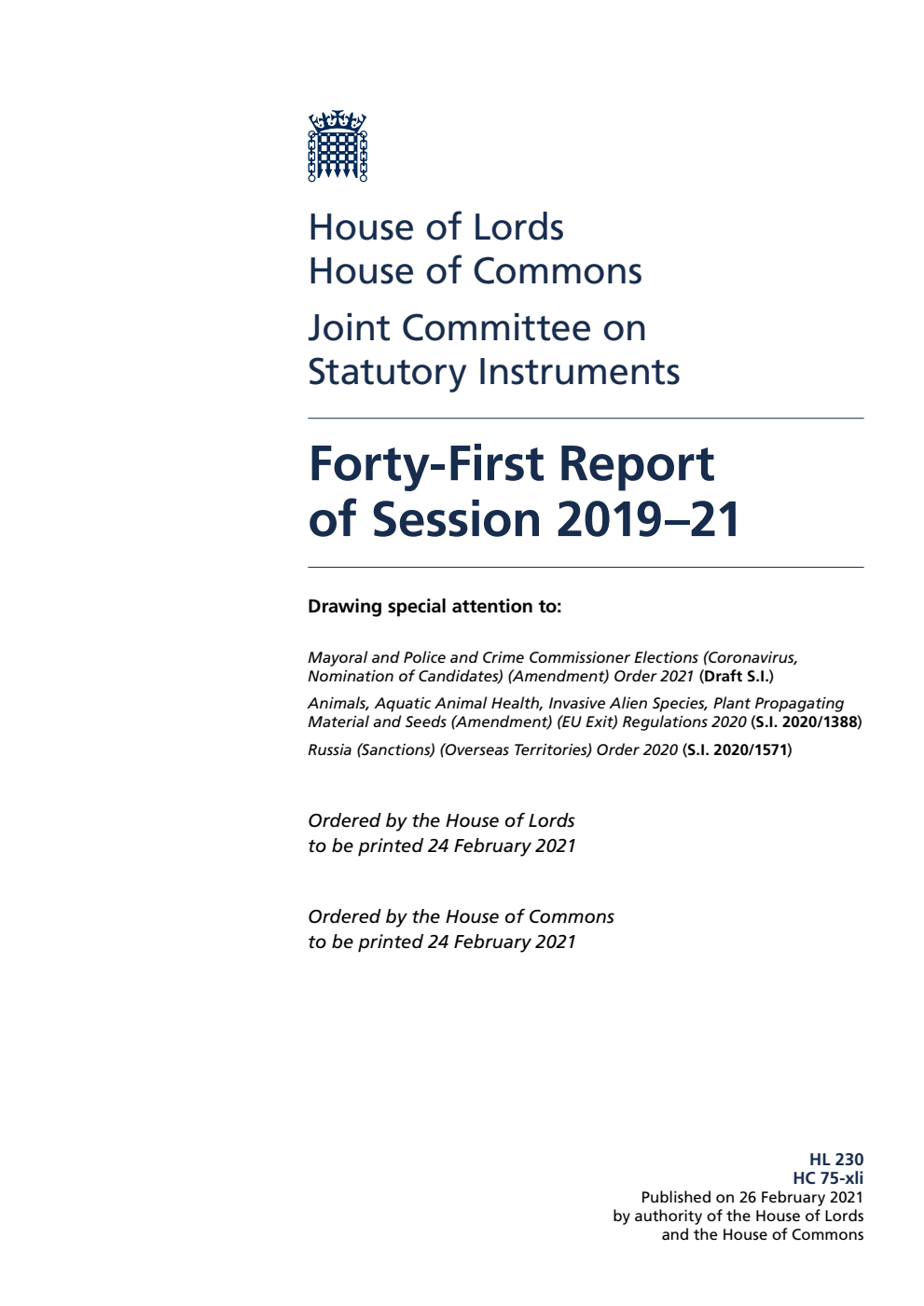 Joint Committee on Statutory Instruments 41st Report of Session 2019-21
