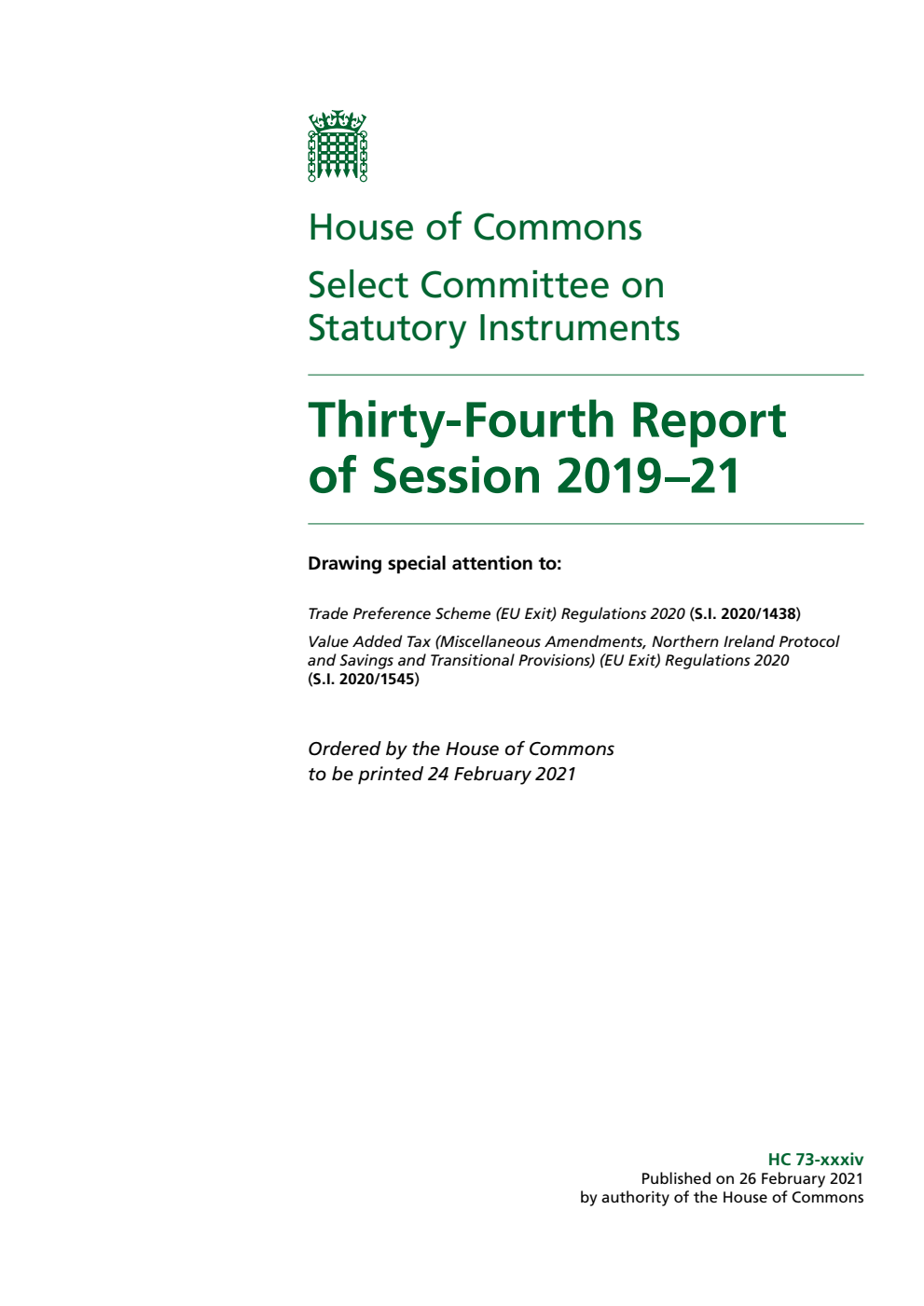 Statutory Instruments Committee 34th Report of Session 2019–21