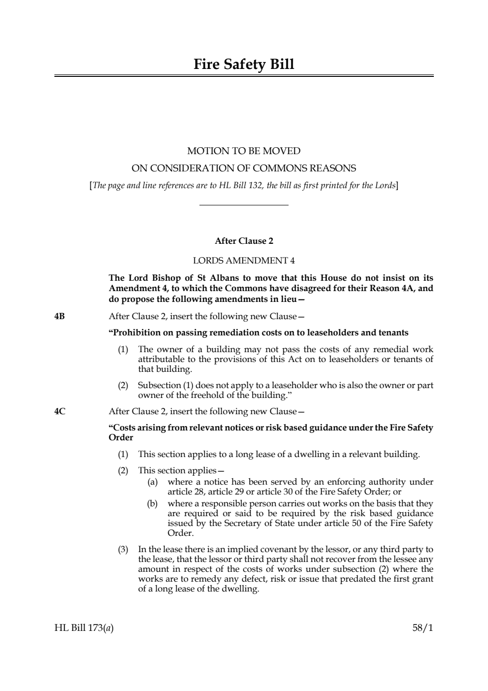 Fire Safety Bill Motion to be moved on consideration of Commons reasons