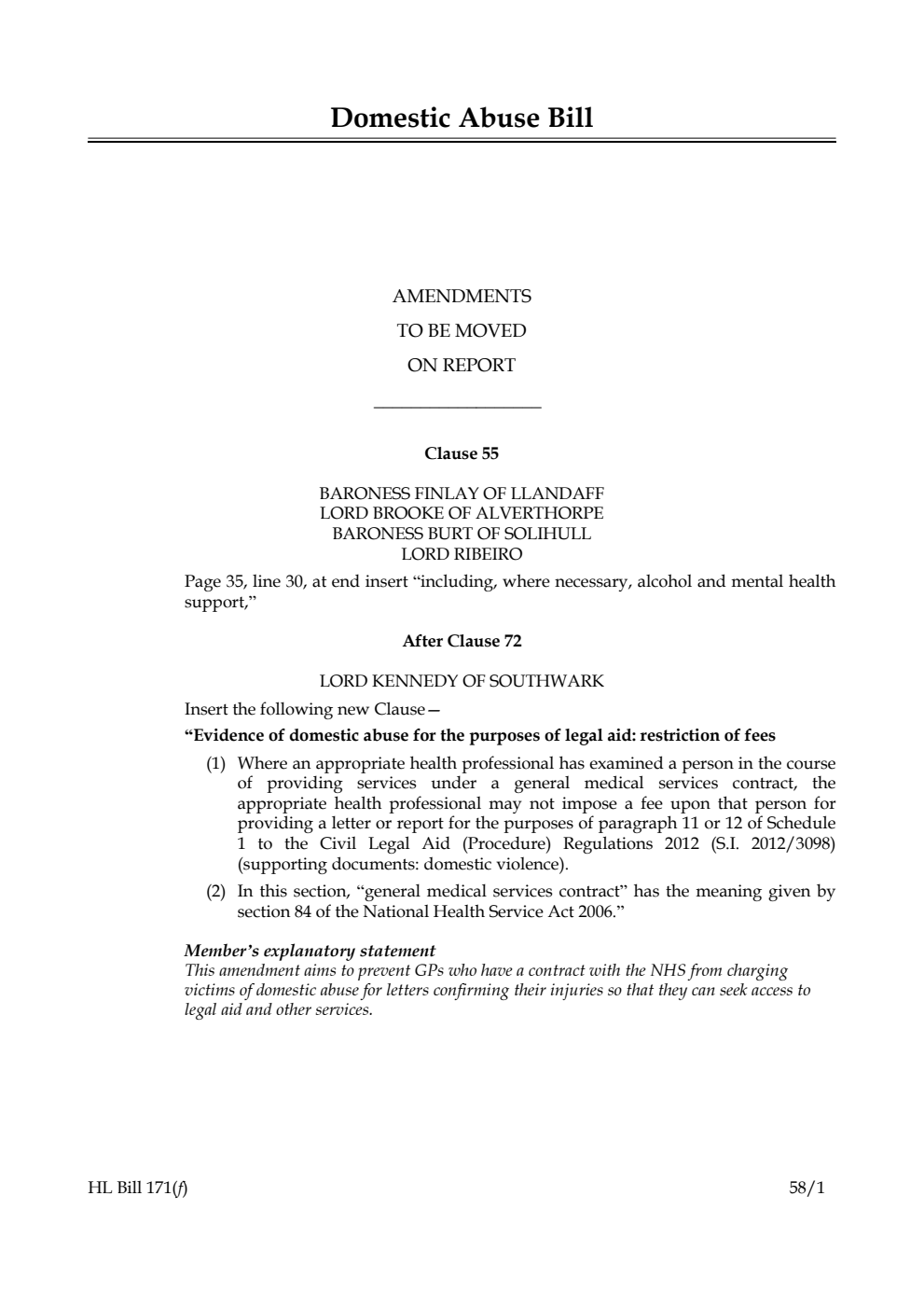 Domestic Abuse Bill Amendments to be moved on Report