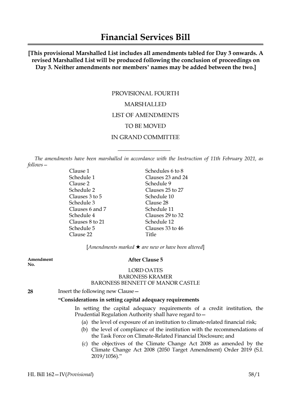 Financial Services Bill Provisional Fourth Marshalled List of amendments to be moved in Grand Committee