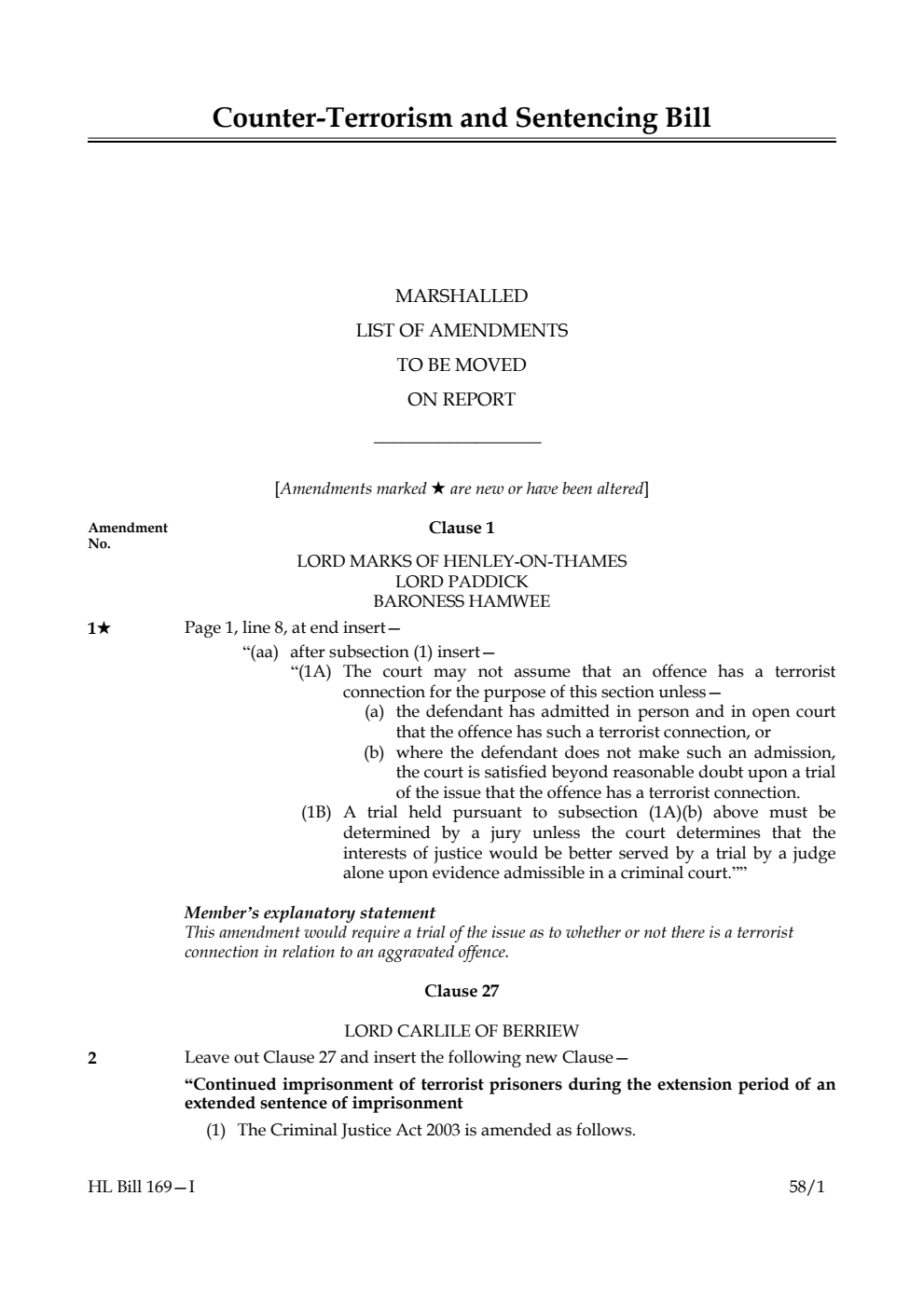 Counter-Terrorism and Sentencing Bill Marshalled List of amendments to be moved on report