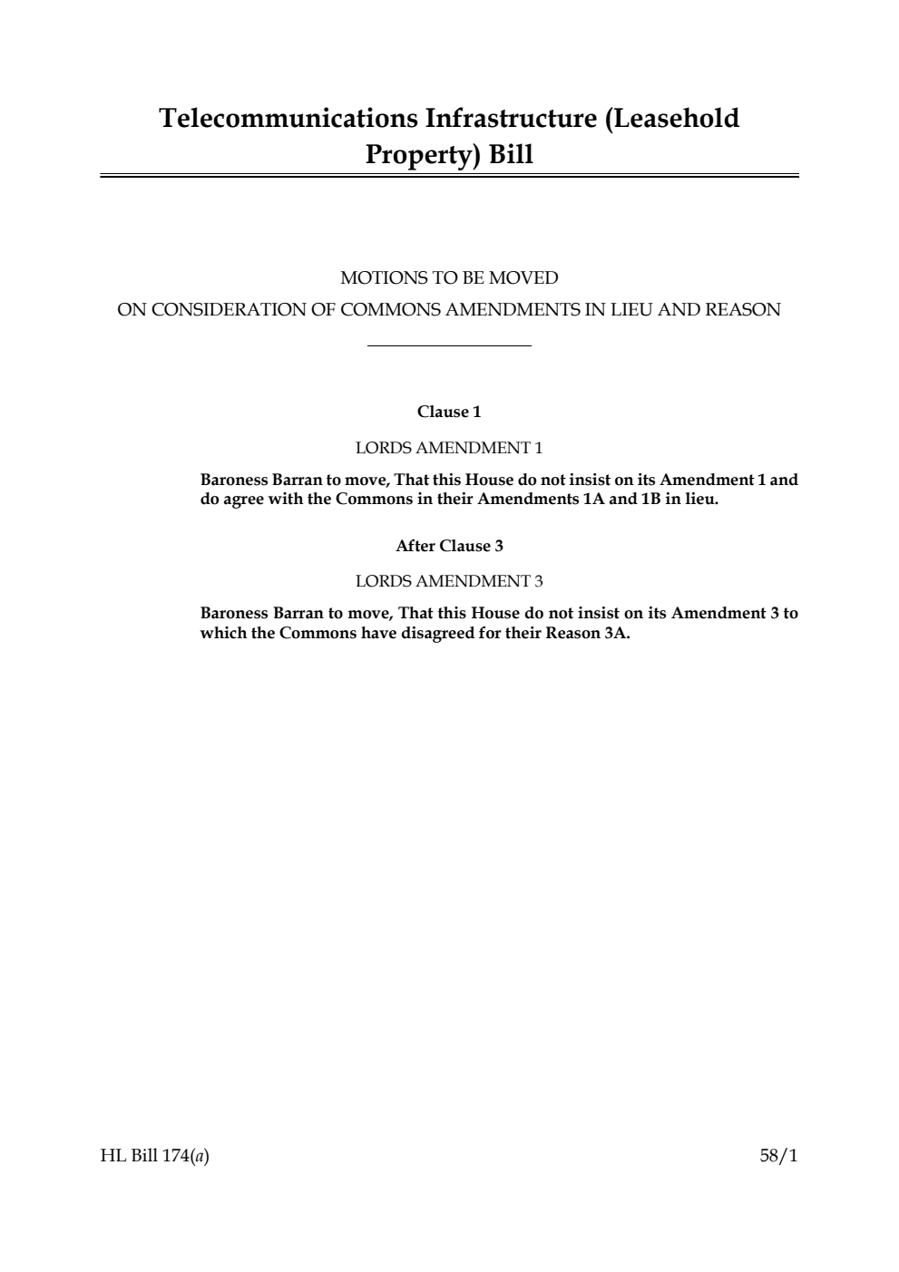 Telecommunications Infrastructure (Leasehold Property) Bill Motions to be moved on consideration of Commons amendments in lieu and reason