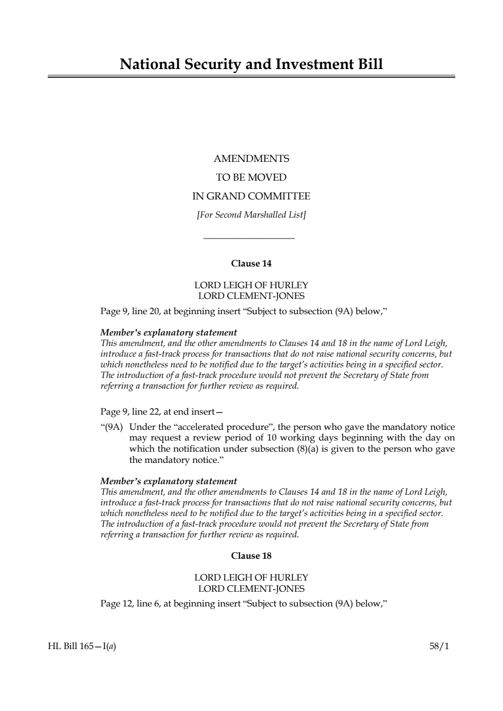 National Security and Investment Bill Amendments to be moved in Grand Committee