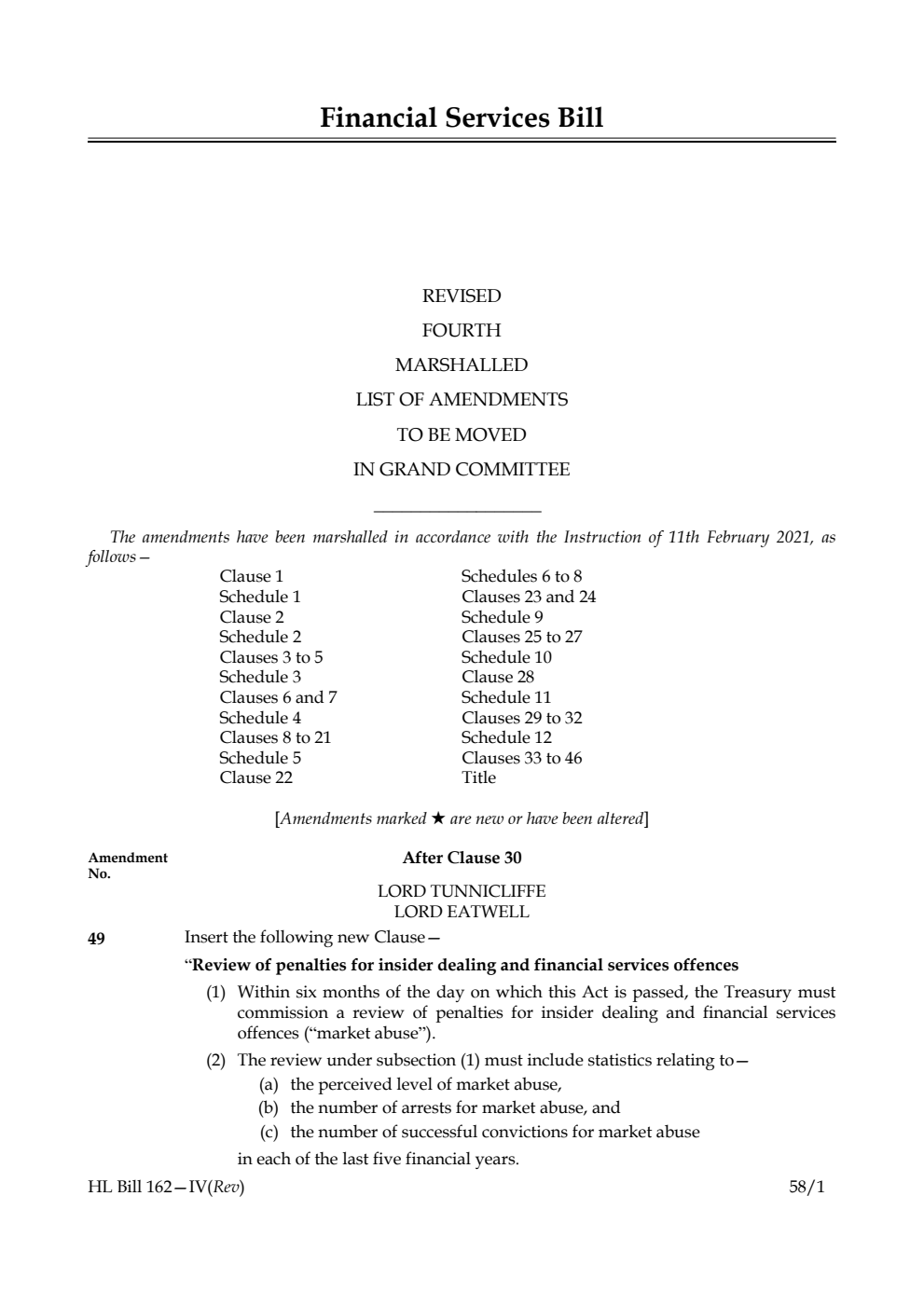 Financial Services Bill Revised Fourth Marshalled List of amendments to be moved in Grand Committee