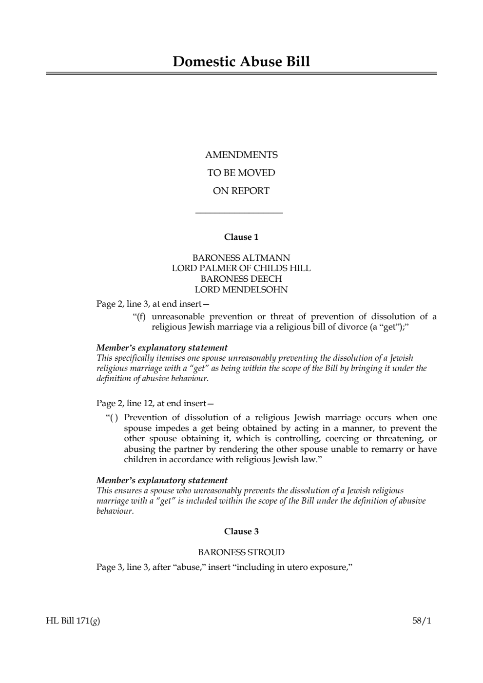 Domestic Abuse Bill Amendments to be moved on Report