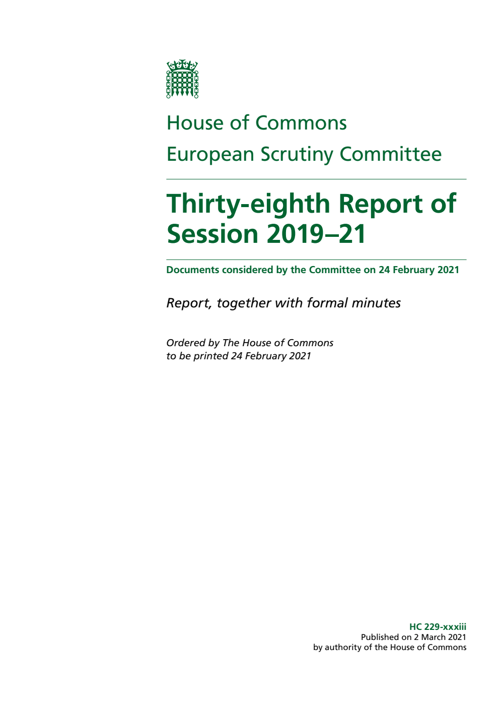 European Scrutiny Committee 38th Report of Session 2019-21