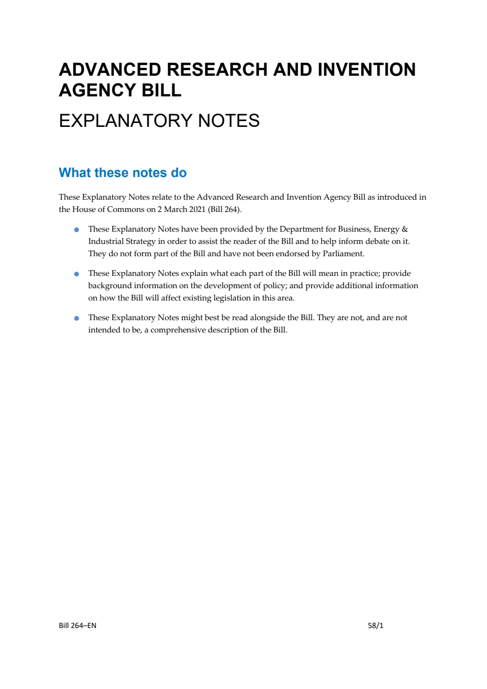 Advanced Research and Invention Agency Bill Explanatory Notes