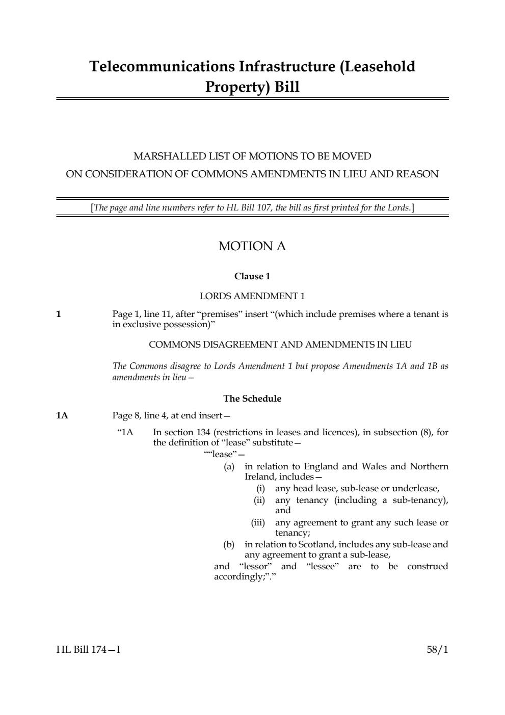 Telecommunications Infrastructure (Leasehold Property) Bill Marshalled List of motions to be moved on consideration of Commons amendments in lieu and reason