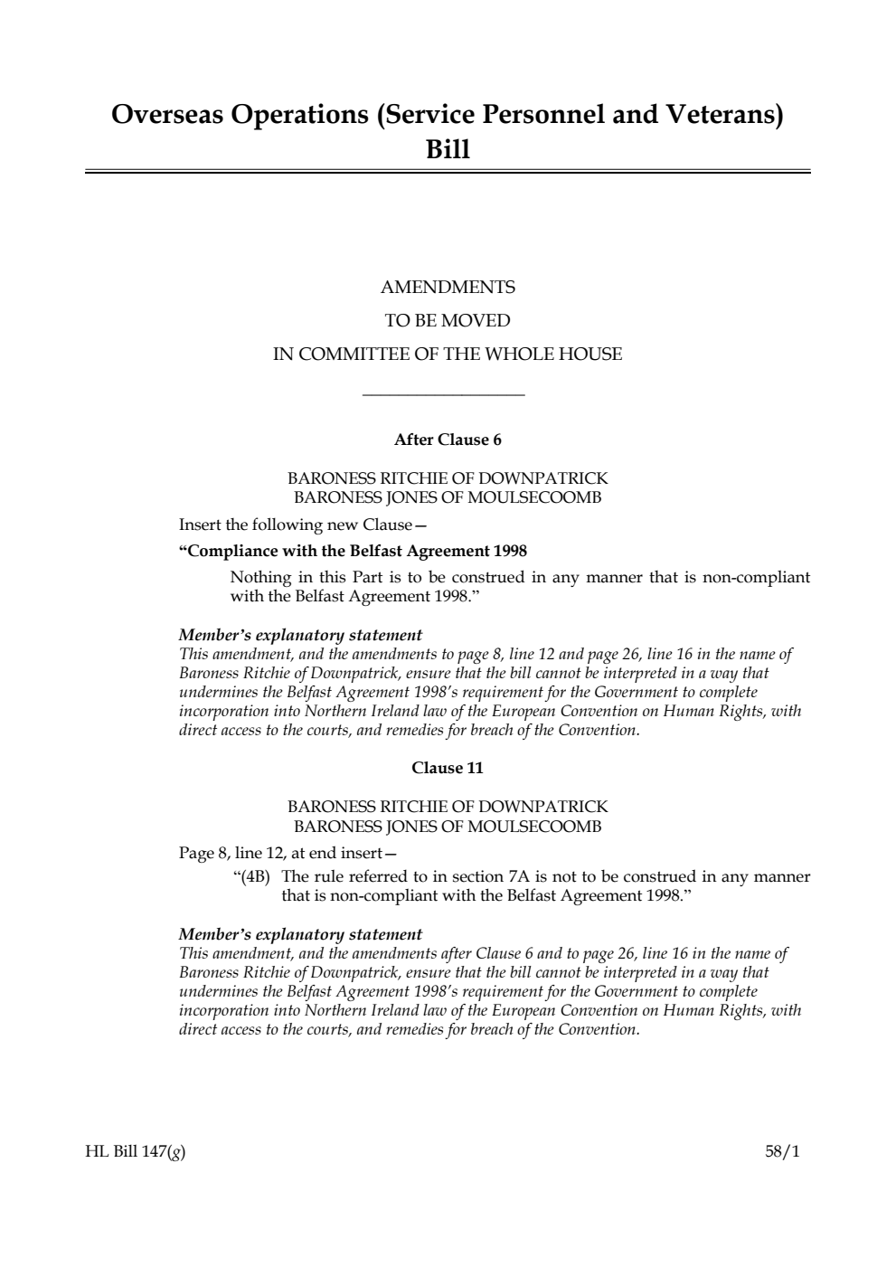 Overseas Operations (Service Personnel and Veterans) Bill Amendments to be moved in Committee of the Whole House