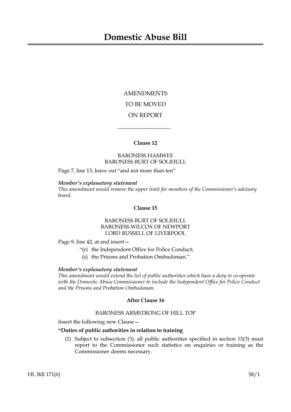 Domestic Abuse Bill Amendments to be moved on Report