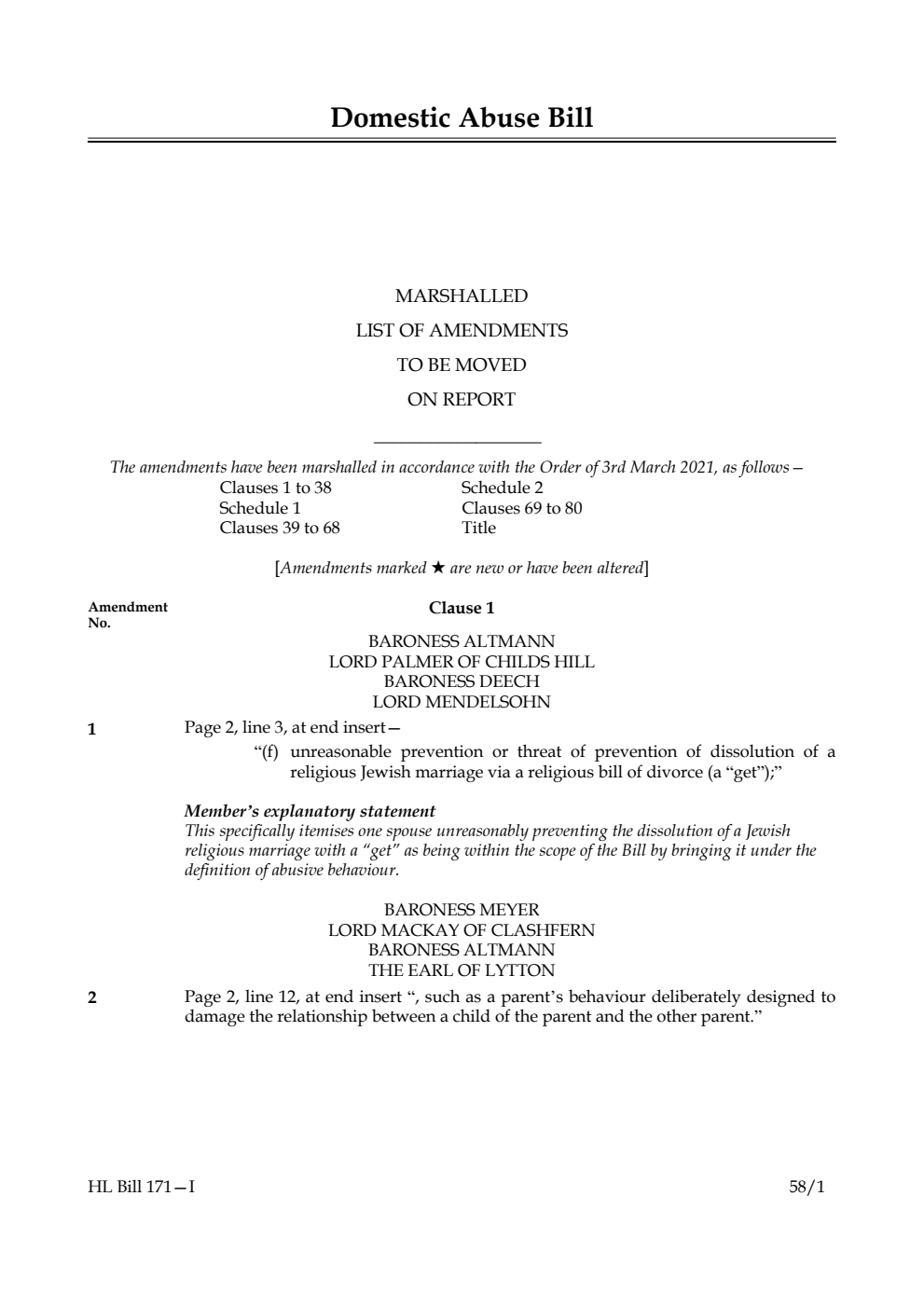 Domestic Abuse Bill Marshalled List of amendments to be moved on report