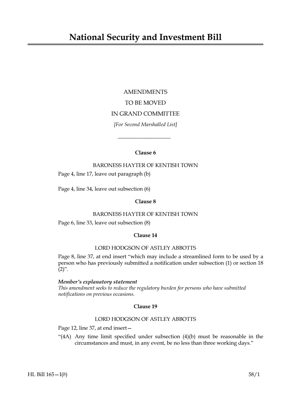 National Security and Investment Bill Amendments to be moved in Grand Committee