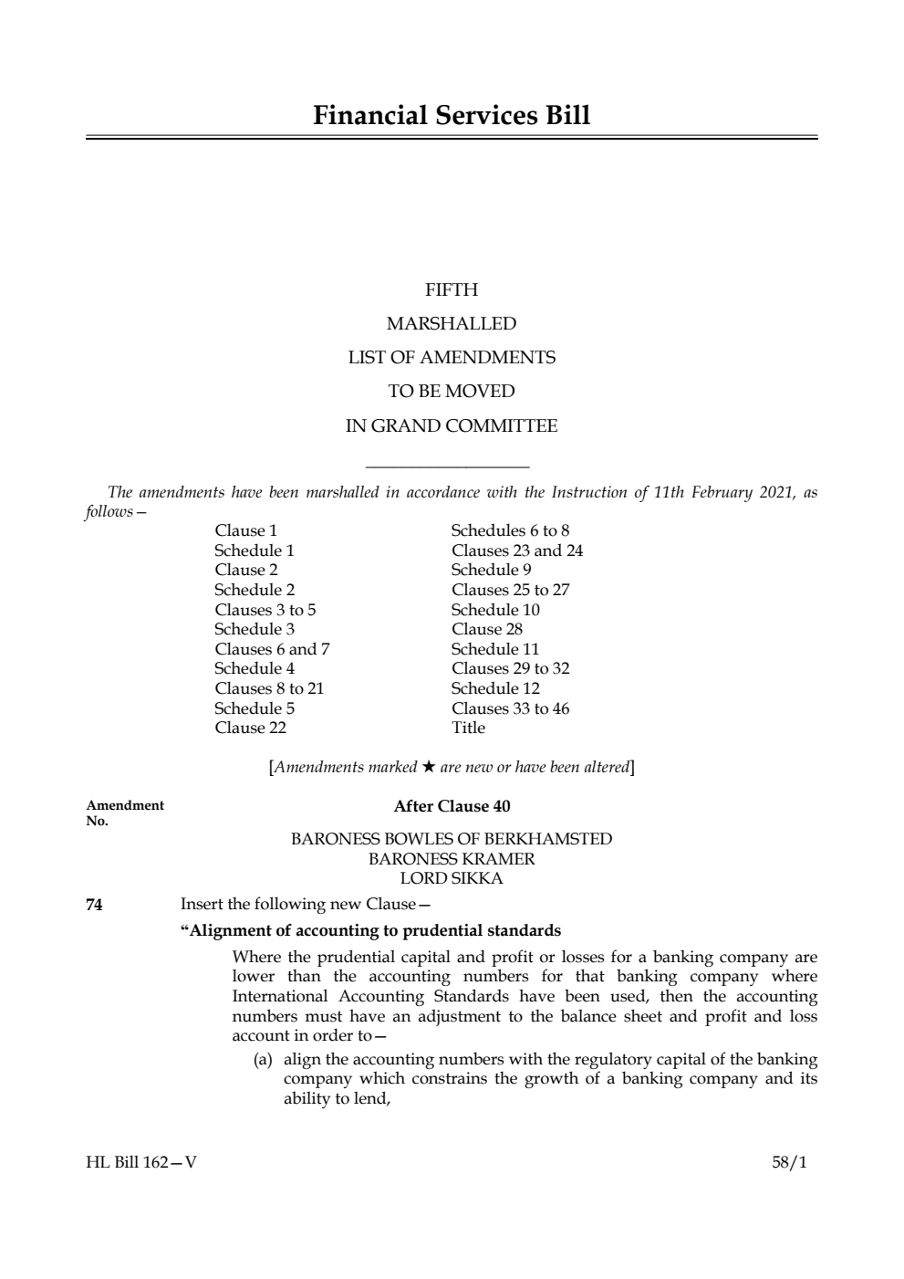 Financial Services Bill Fifth Marshalled List of Amendments to be moved in Grand Committee