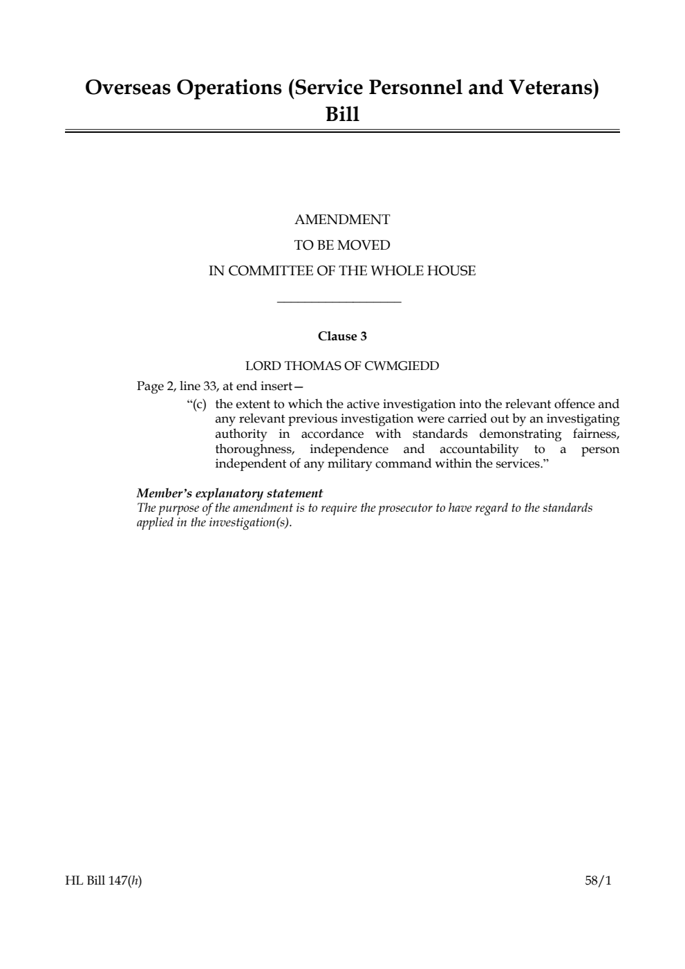 Overseas Operations (Service Personnel and Veterans) Bill Amendment to be moved in Committee of the Whole House