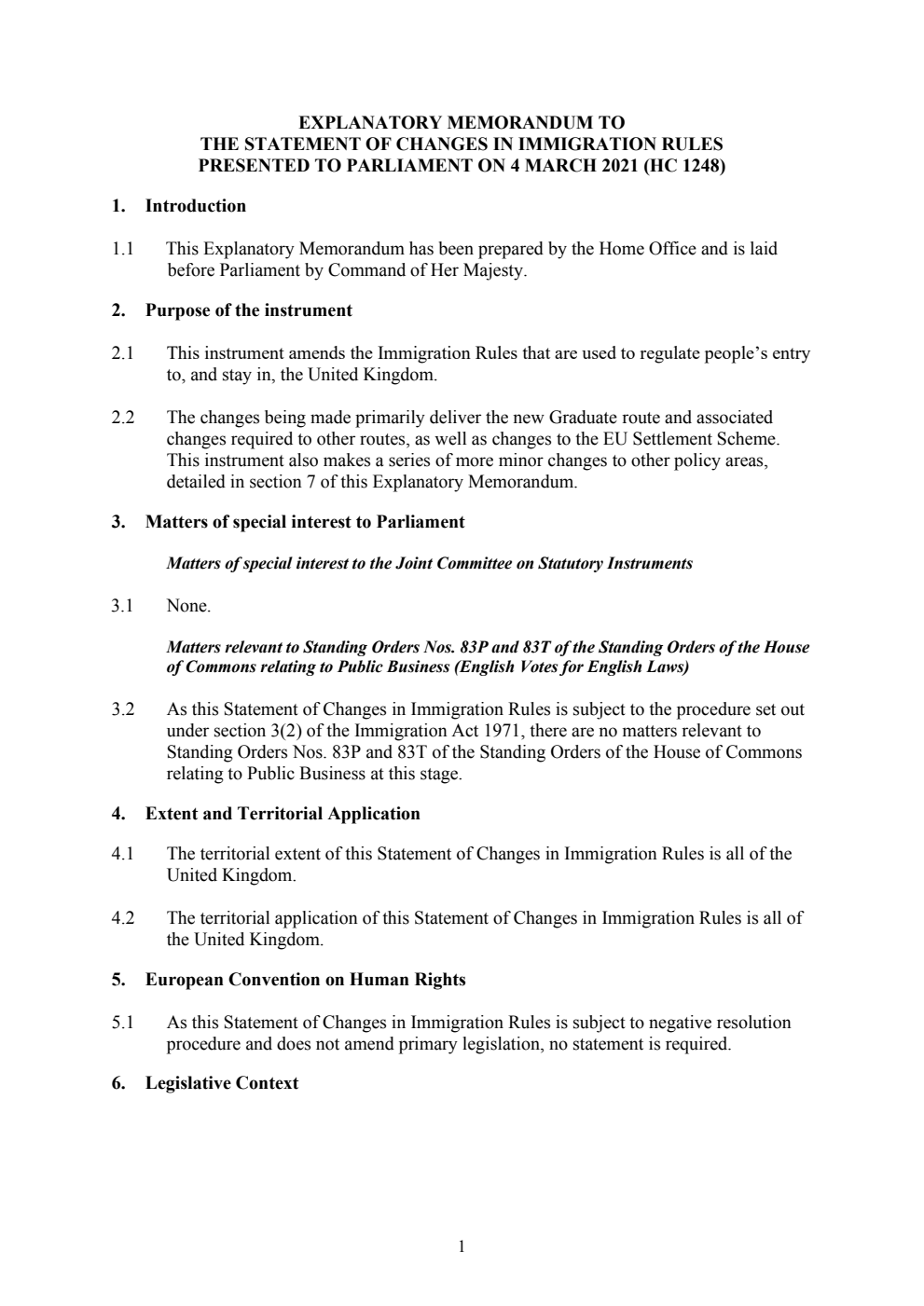 Explanatory Memorandum to the Statement of Changes in Immigration Rules