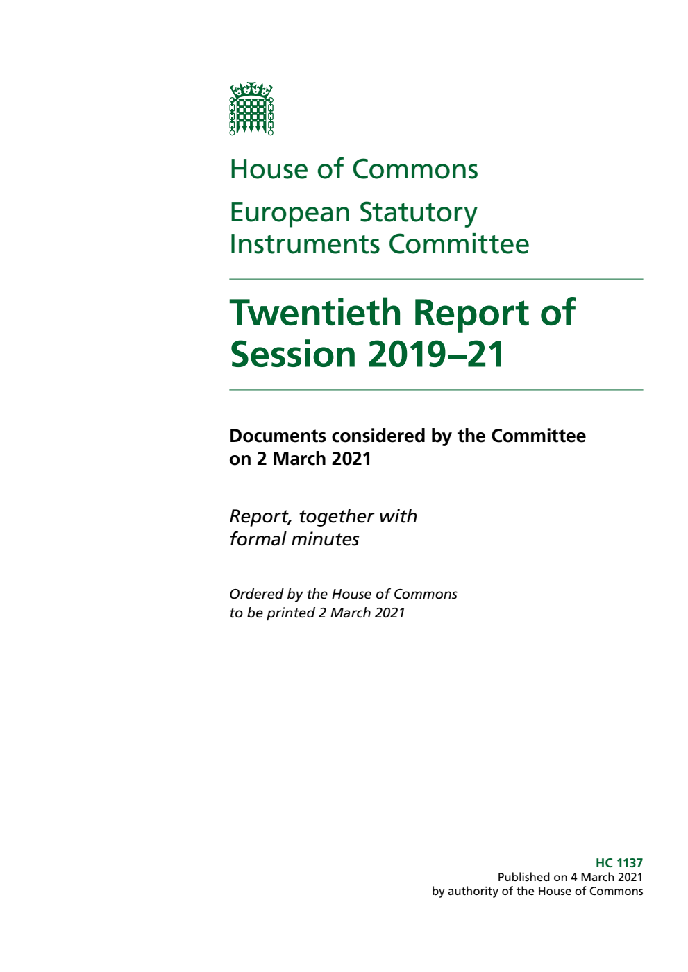 European Statutory Instruments Committee 20th Report of Session 2019-2021