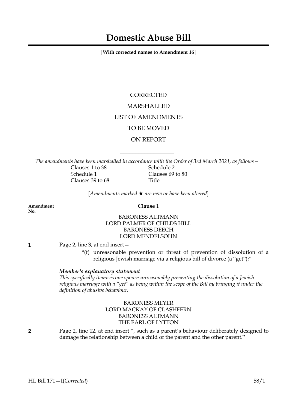 Domestic Abuse Bill Corrected Marshalled List of amendments to be moved on report