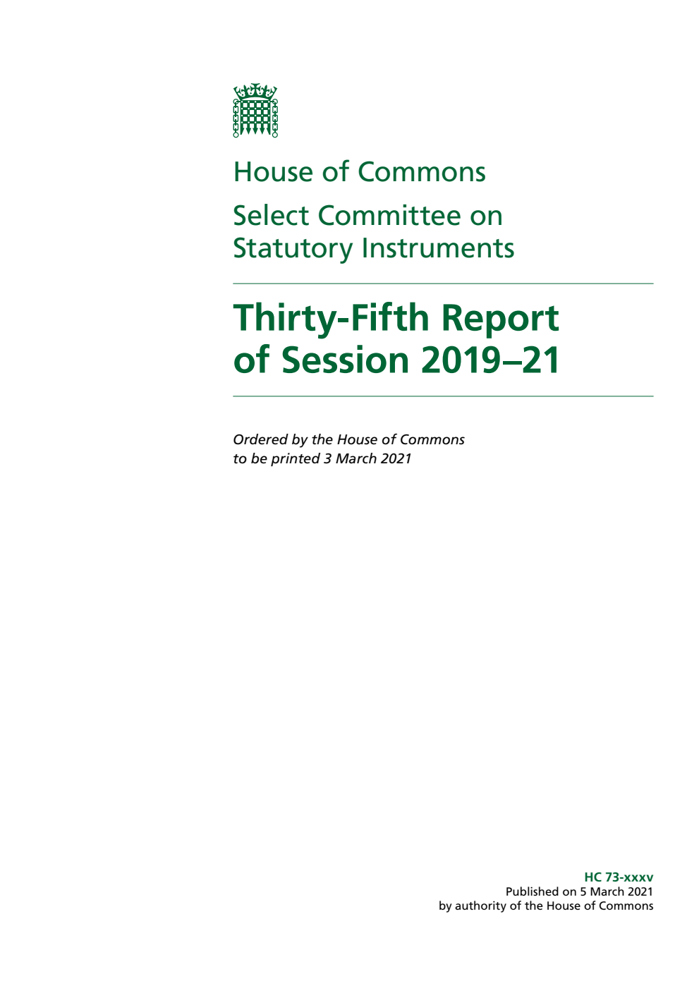 Statutory Instruments Committee 35th Report of Session 2019–21