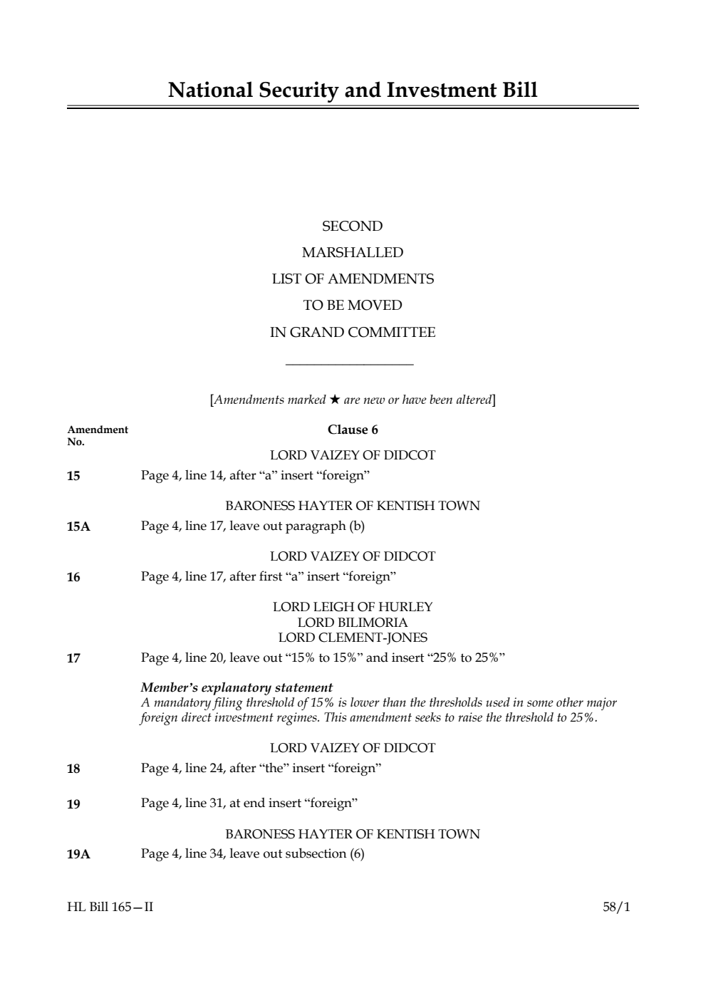 National Security and Investment Bill Second Marshalled List of Amendments to be moved in Grand Committee
