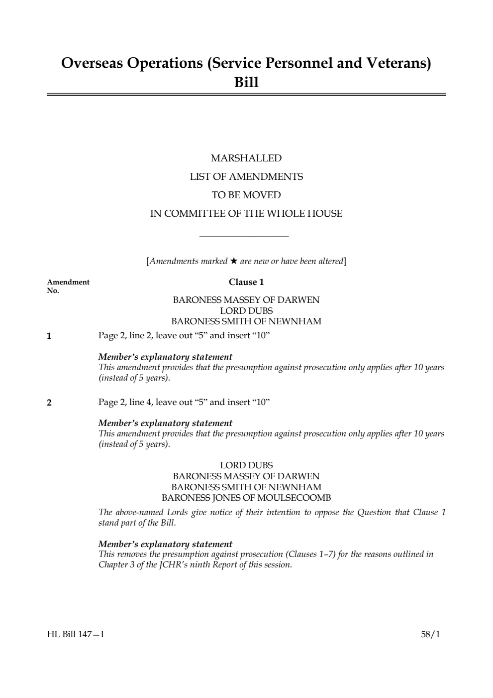 Overseas Operations (Service Personnel and Veterans) Bill Marshalled List of Amendments to be moved in Committee of the Whole House