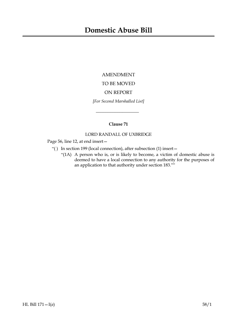 Domestic Abuse Bill Amendment to be moved on report
